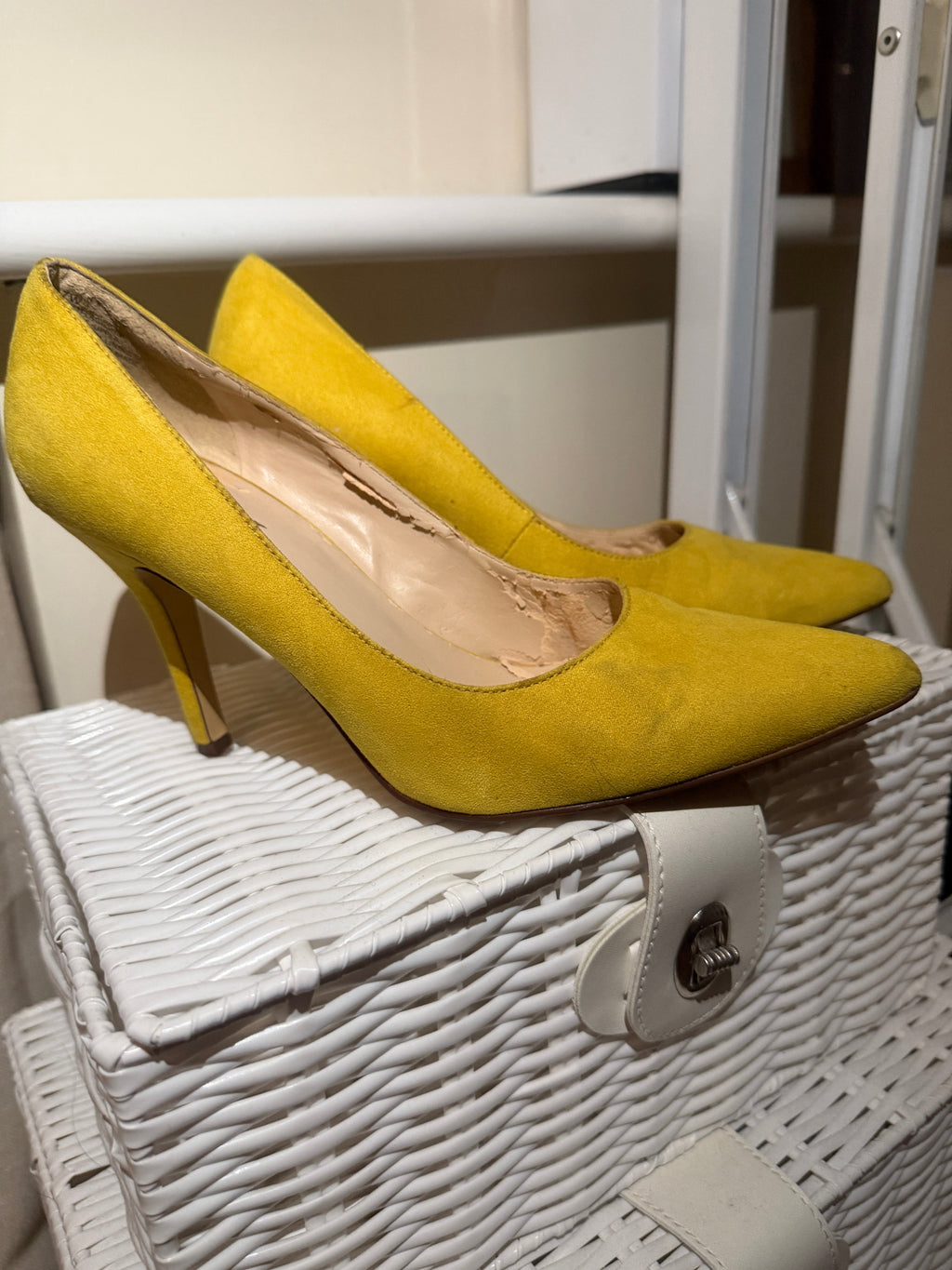Nine West yellow suede stiletto heels - side view