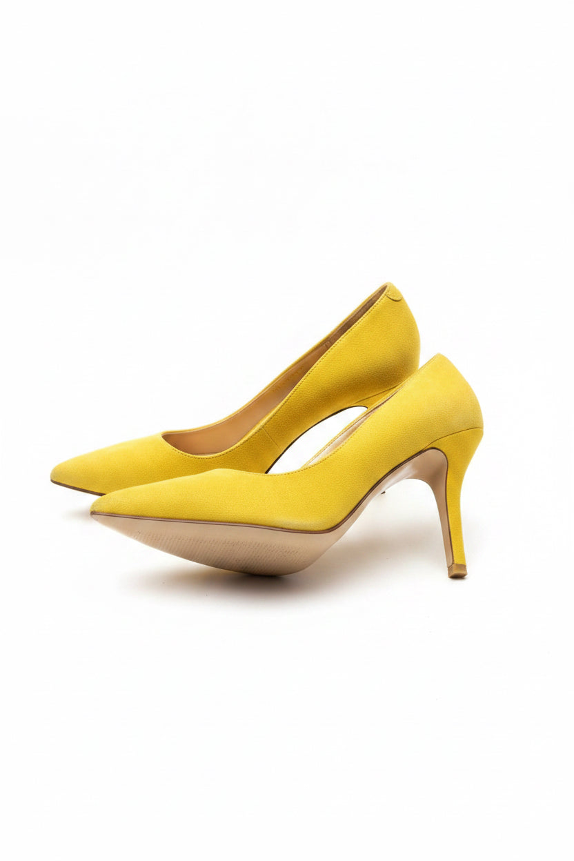 Nine West yellow suede stiletto heels - front view